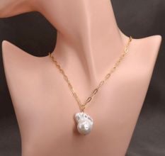 Gold Plated Chain Necklace with Large Baroque Pearl Pendant